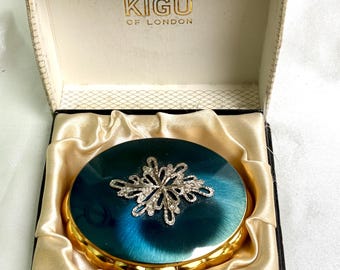 Vintage Kigu musical powder compact, Concerto irridescent blue enamel and gold plated