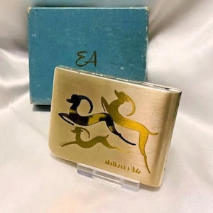 Vintage Elgin American compact. Deer design. Brushed silver and gold plated . Unused in box. For loose powder. Made in USA. 1940s image 1