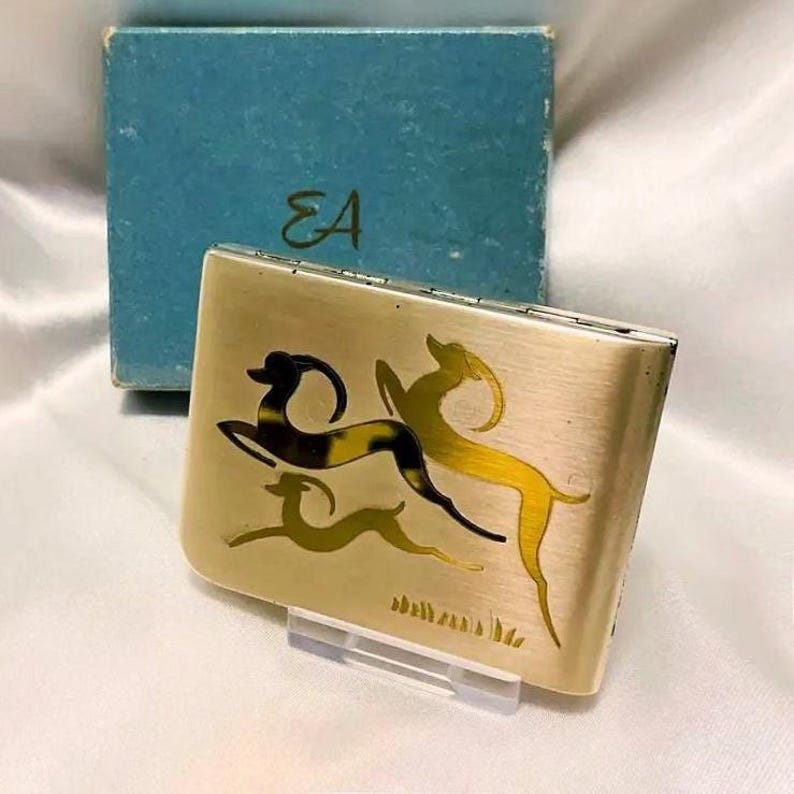 Vintage Elgin American compact. Deer design. Brushed silver and gold plated . Unused in box. For loose powder. Made in USA. 1940s image 1