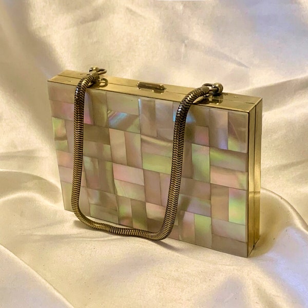 Mother of pearl vintage vanity case. Marhill 5th Avenue all in one carry all. Lipstick, cigarette, powder compact and more. 1950s