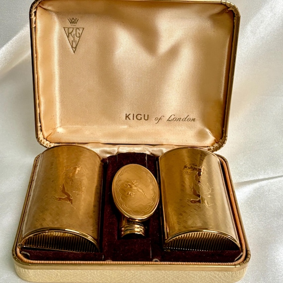 kigu of london cigarette case Luxurious Kigu Leaping Deer Presentation Set. Powder Compact, Cigarette Case,  Lipstick Case and Comb Case. Vintage 1963. Mint Condition