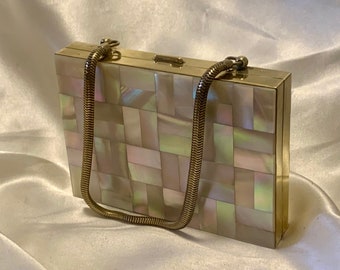 Mother of pearl vintage vanity case. Marhill 5th Avenue all in one carry all. Lipstick, cigarette, powder compact and more. 1950s