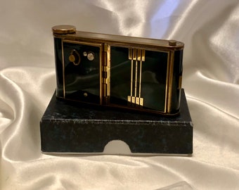 Vintage German Kamra carryall. Musical powder compact, lipstick and cigarette case. Green enamel and gilt. Swiss movement