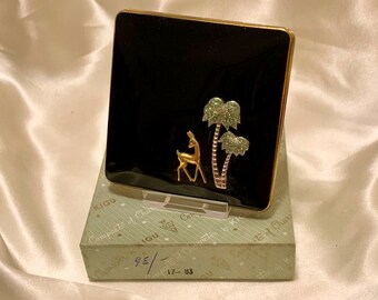 Vintage Kigu compact. Black enamel compact with deer. Original  box. 57 series. Unused. 1960s