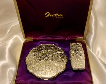 Vintage Stratton compact set Convertible Queen compact and lipview lipstick mirror.  Silver and gold plated. Complete and original box