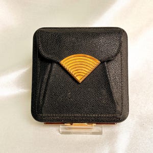 Vintage unused Lin Bren coin purse powder compact. Wonderful condition black leather. USA  1940s