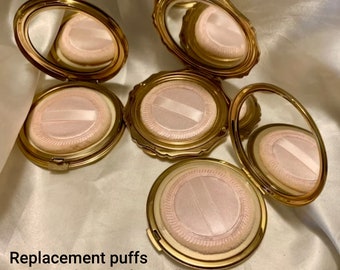 3 replacement powder puffs. Beige. Suits Stratton, Kigu, Mascot, Pygmalion etc. New. For standard vintage compacts without inner lids.