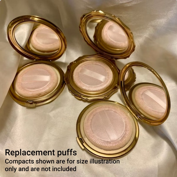 3 replacement powder puffs. Beige. Suits Stratton, Kigu, Mascot, Pygmalion etc. New. For standard vintage compacts without inner lids.