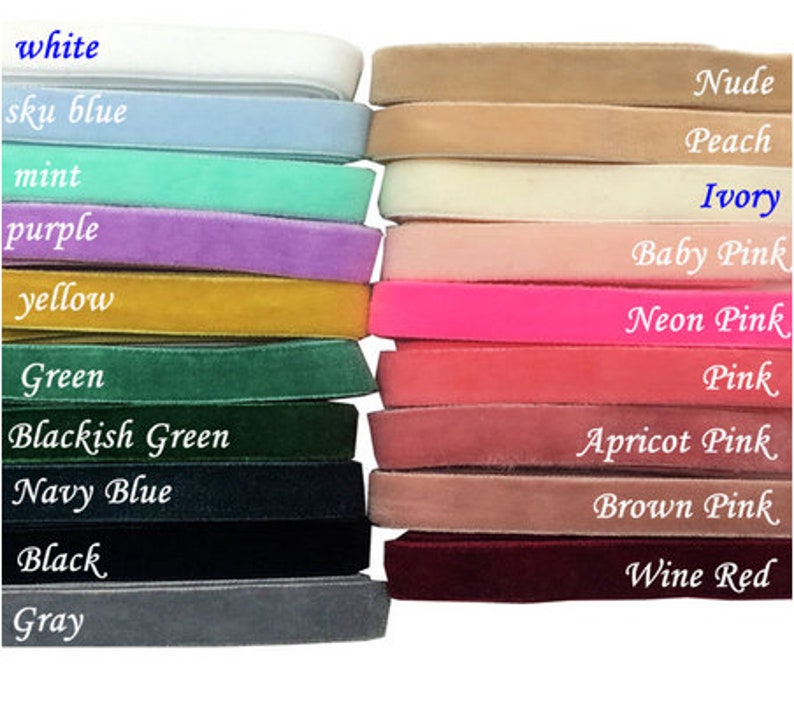 May include: A collection of 16 velvet ribbons in various colors, including white, sky blue, mint, purple, yellow, green, blackish green, navy blue, black, gray, nude, peach, ivory, baby pink, neon pink, pink, apricot pink, brown pink, and wine red.