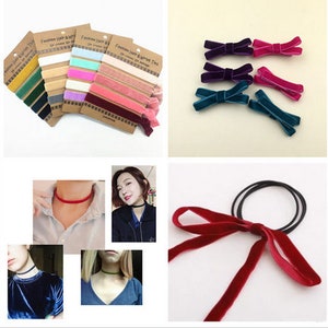 May include: Assortment of colorful velvet hair ties and scrunchies.  The hair ties are in the shape of bows and come in a variety of colors, including pink, purple, teal, and red.  The scrunchies are made of velvet and come in a variety of colors, including red, black, and green.  The hair ties and scrunchies are perfect for adding a touch of style to any hairstyle.