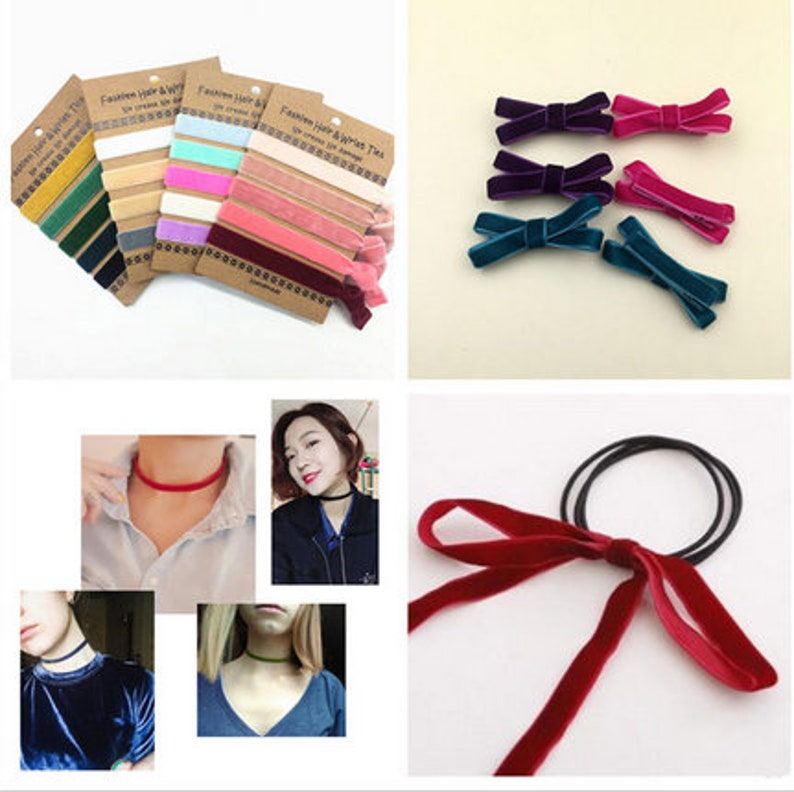 May include: Assortment of colorful velvet hair ties and scrunchies.  The hair ties are in the shape of bows and come in a variety of colors, including pink, purple, teal, and red.  The scrunchies are made of velvet and come in a variety of colors, including red, black, and green.  The hair ties and scrunchies are perfect for adding a touch of style to any hairstyle.