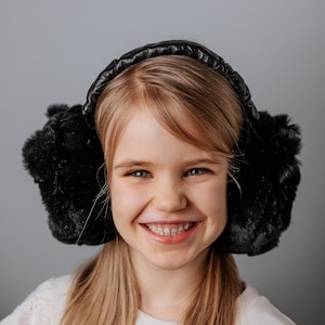 Warm Fluffy Bear Earmuffs - Natural Fur, Soft, Adjustable & Cozy Winter Ear Warmer - Accessory for Kids - Black Fur Teddy Bear Earmuffs
