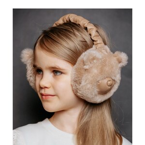Beige Fur Teddy Bear Earmuffs - Warm Fluffy Bear Earmuffs - Natural Fur, Soft, Adjustable & Cozy Winter Ear Warmer - Accessory for Kids