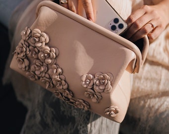 Leather Clutch Bag with Blossom Powder Design