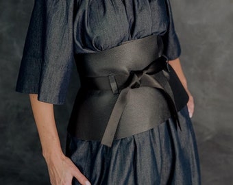 Black Leather Wide Obi Belt, Minimalist Wrap Waist Belt for Dresses