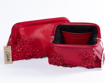 Red Floral Blossom Leather Clutch Handcrafted with Secure Clasp Perfect for Elegant Outings
