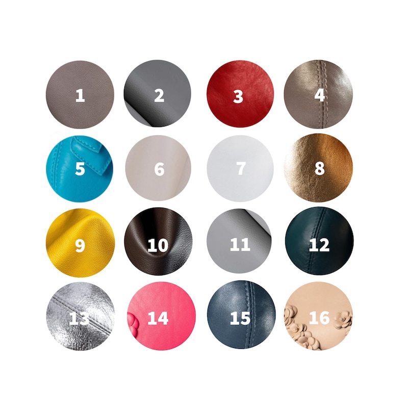 May include: A collection of sixteen circular swatches showcasing various colors and textures. The palette includes shades of gray, red, white, gold, teal, and pink, with some featuring stitching or a metallic sheen. Each swatch is numbered for easy reference.
