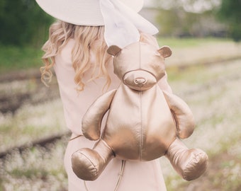 Leather Teddy Bear Backpack, Unisex Leather Bag, Handmade Rucksack, Gift for Kids, Genuine Leather Backpack, Trendy Teddy Bag, Custom Colors