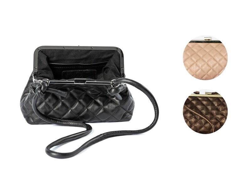 The interior view of a black quilted handbag, showing compartments and a clasp closure, against a white background. Colors of quilted bags shown.