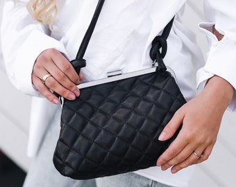 Black Quilted Leather Bag with Linen Lining Minimalistic Genuine Leather Purse