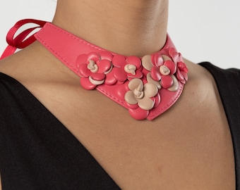 Leather Flower Necklace with Swarovski Crystal Design