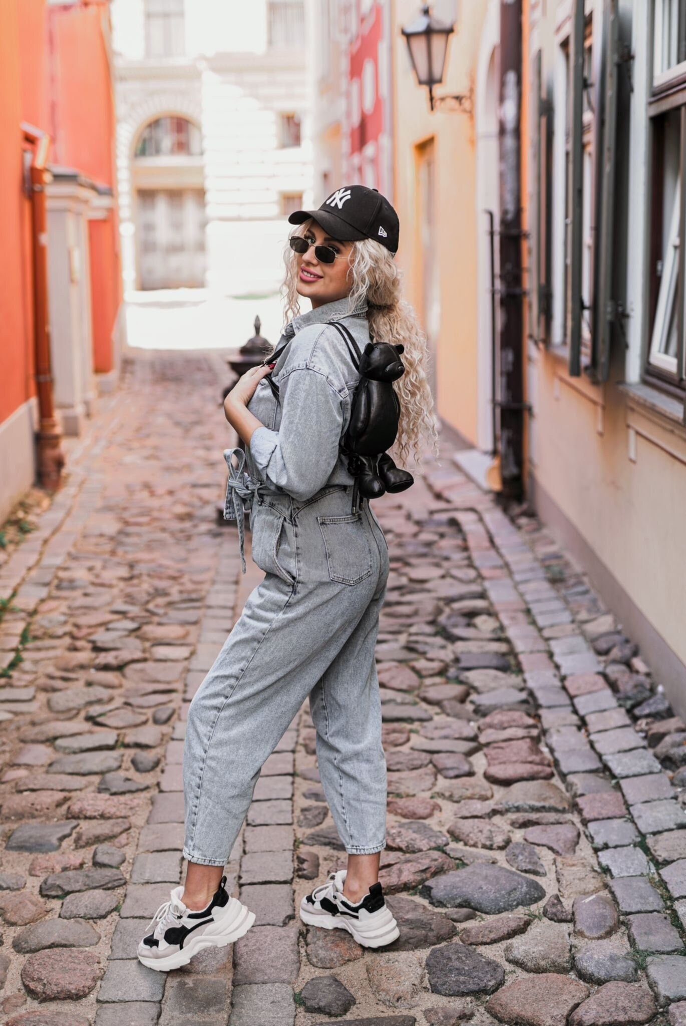 black leather teddy bear backpack