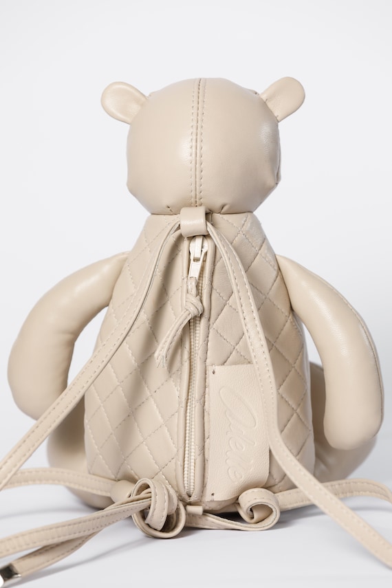 Handmade Black Leather Teddy Bear Backpack, Compact Designer  display picture 2
