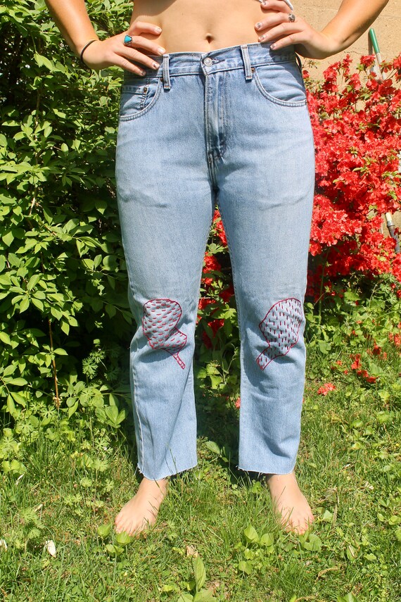 embroidered jeans etsy