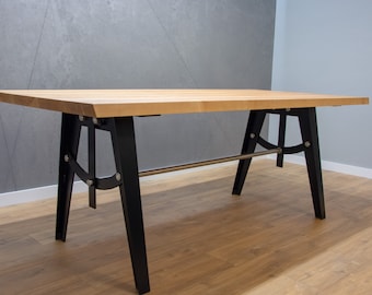 Narvik industriële eettafel, loft stijl modern, handgemaakt, basis gepoedercoat en roestvrij staal, handgemaakte meubels