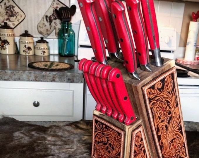 Custom Tooled Leather Knife Block and Knife Set Etsy