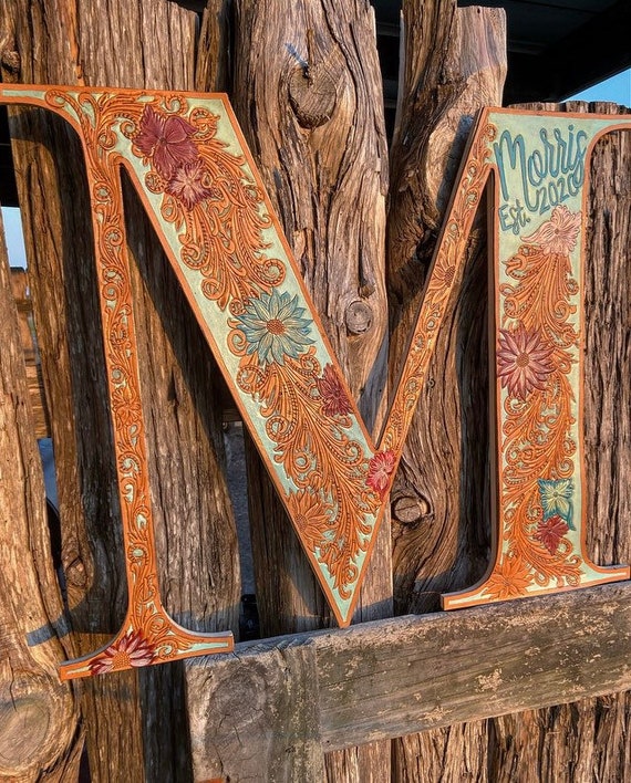 Custom Tooled Leather Letter Western Home Decor Painted Etsy