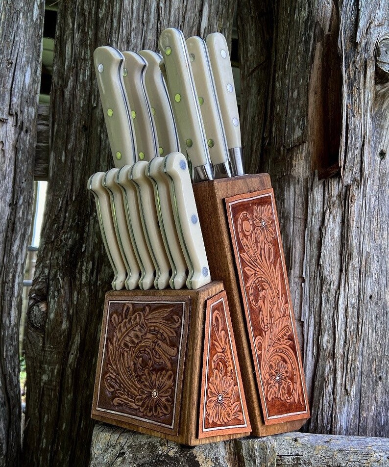 Custom Tooled Leather Knife Block and Knife Set Etsy