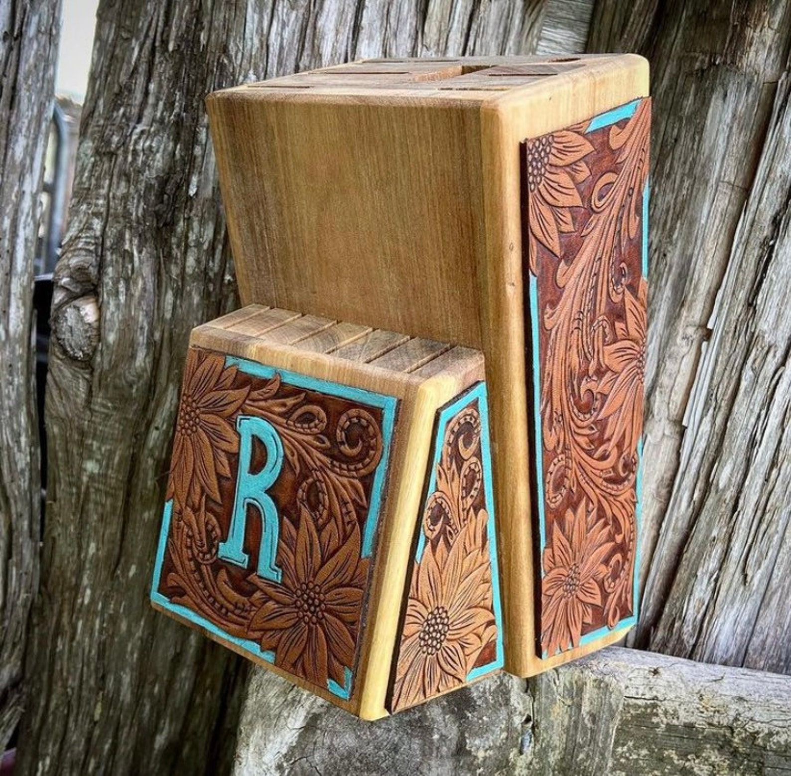 Custom Tooled Leather Knife Block and Knife Set Etsy