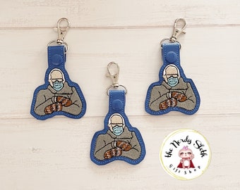 Bernie Mittens Embroidered Key Fob: Marine Vinyl Keychain