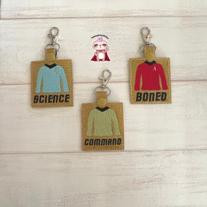 Embroidered Trekkie Keychain: Command, Science, Boned - Glitter Vinyl Bag Tag