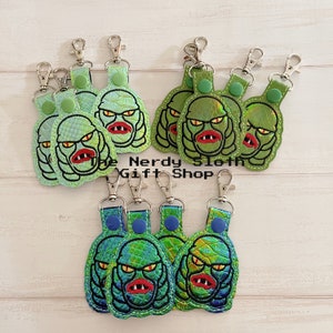 May include: Keychains featuring a creature design with red lips, yellow eyes, and green skin. The keychains have a silver clasp and a matching green or blue strap. The text "The Nerdy Sloth Gift Shop" is visible.