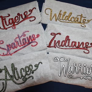 Custom team bling mascot tee. Warriors, Spartans, Wildcats, Tigers, Indians, Blackhawks, Alices and more
