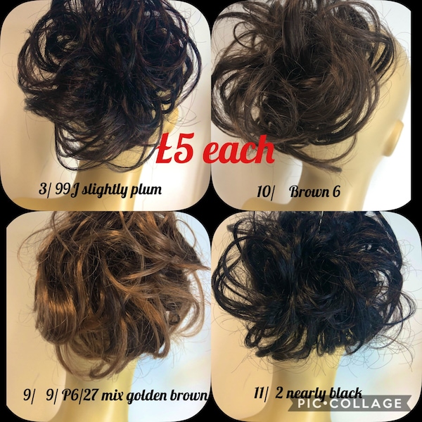 Hair Small Scrunchie hairpiece Brown black plum / up do with golden blonde with highlights hairpiece scrunchie Ponytail extension (87)