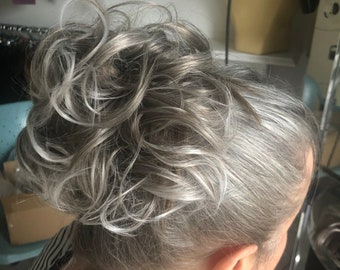Authentic curly Hair  scrunchie extension ponytail in grey blonde curly with white highlights (13/10