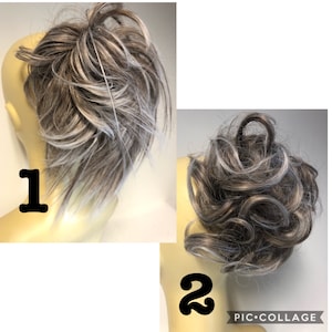 Authentic curly Hair  scrunchie extension ponytail in ash grey blonde curly with white highlights (1)