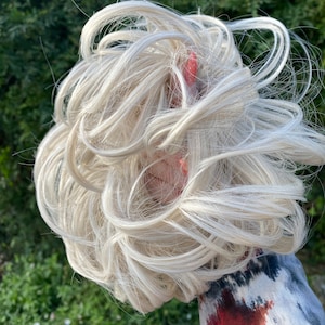 Ash blonde lightest blonde mix in two styles deluxe hair scrunchie extension ponytail put up  bun  extension (112/ 600)