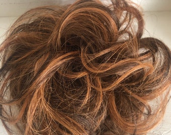 100% 4/30Human hair messy  scrunchie in rich brown with copper ginger highlights extension ponytail put up curly bun  extension (7/36)