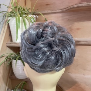 Dove Grey Curly Bun Scrunchie, Synthetic Hairpiece