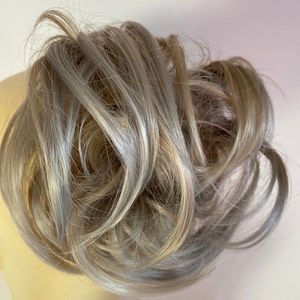 Authentic ash blonde and silver mix curly Hair  scrunchie extension ponytail (15/32)