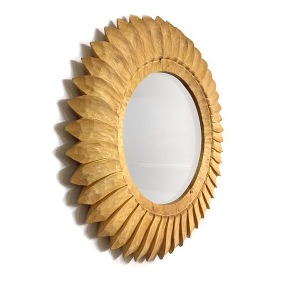 Contemporary Round Mirror In Sun 20 Framed Handcraft Art Deco Wall Handmade Urban Wooden Frame