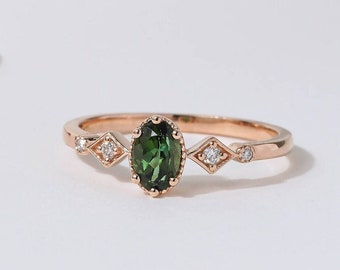 Natutal Green Tourmaline With Diamonds Ring/ ArtDeco Tourmaline Ring/ Valentines Day Gifted Jewelry/ Engage Wedding Gift/ Anniversary Gift