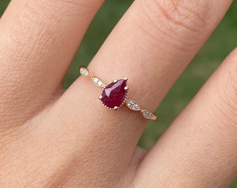 Pear Cut Ruby With Diamonds Ring/ Engage Wedding Ring For Her/ 14k Rose Gold Artdeco Ruby Ring/ Valentine's Day Gift/ Christmas Gift Ring