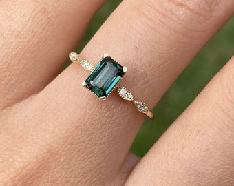 Emerald Cut Green Tourmaline With Diamonds Ring/ Art Deco Tourmaline Jewelry/ Vintage Style Jewelry/ Anniversary Gift/ Valentines Day Gift