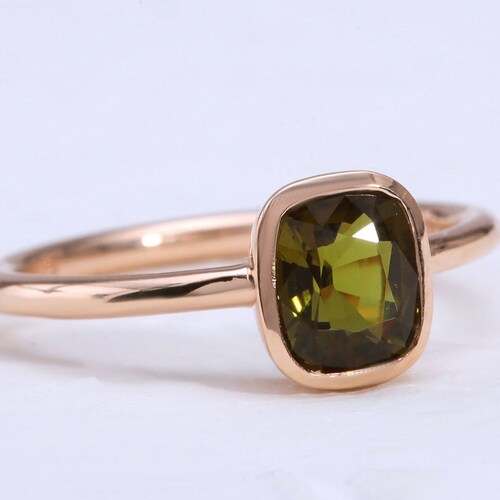 Unique Green Sapphire Engagement Ring Cushion Cut Half Bezel Etsy