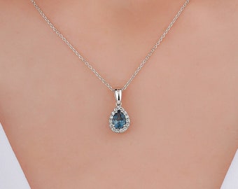 Blue Topaz Necklace/ Pear Cut London Blue Topaz Necklace with Diamonds / 14K White Gold Pendant / Minimalist London Blue Topaz Halo Pendant